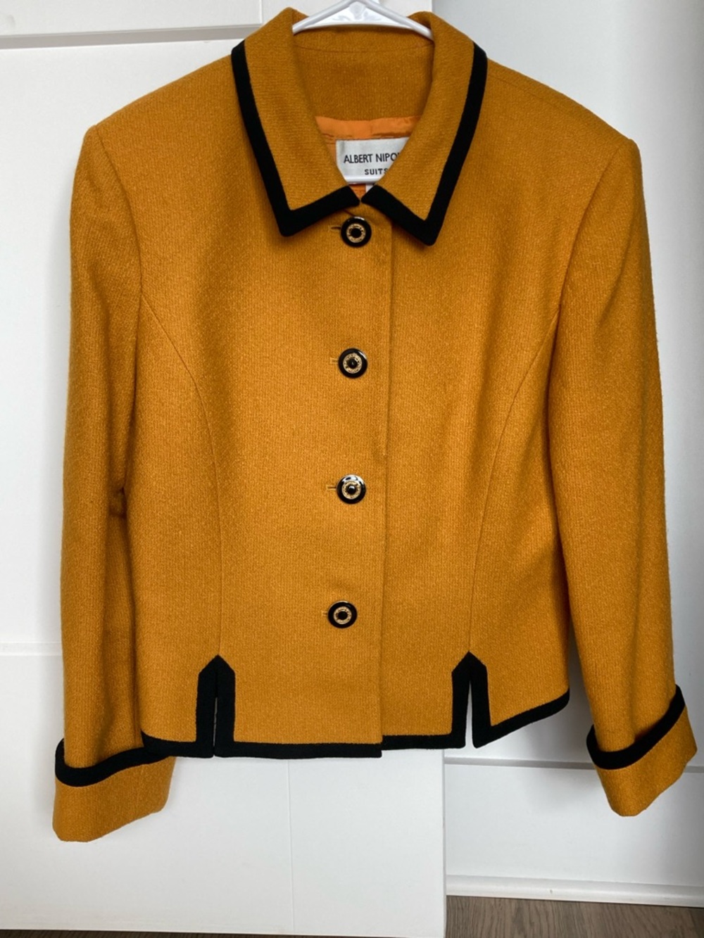 Vintage Albert Nipon Mustard Yellow black Trim Women's wool suit Jacket